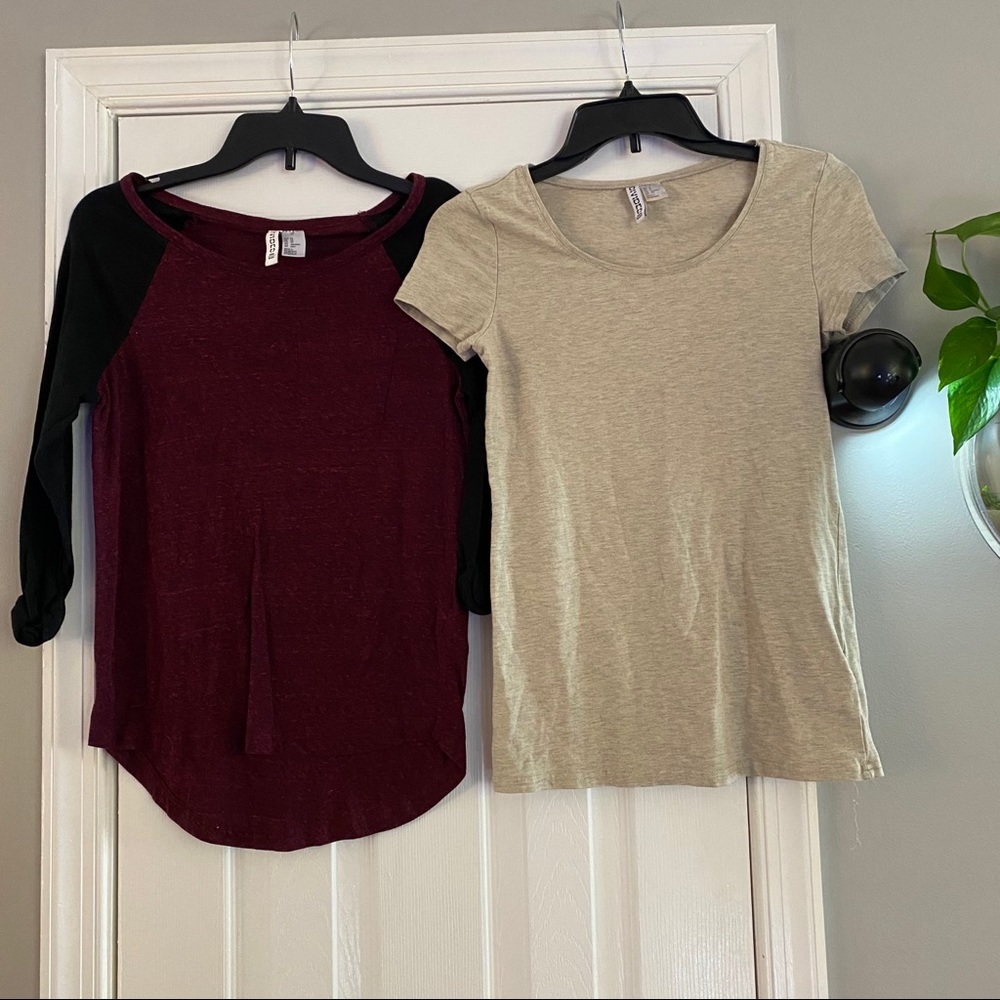 H&M Shirt Bundle Oatmeal Short Sleeve Tee Small Maroon Black Color Block Top XS